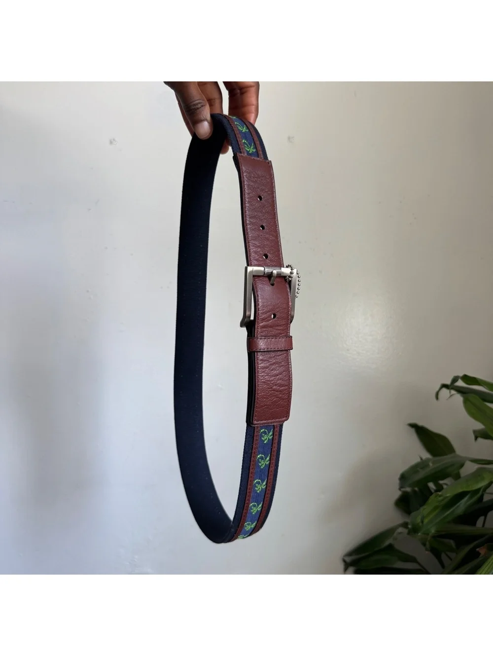 Vintage Preppy Embroidered Palm Tree Surcingle leather Belt Leather fits like L